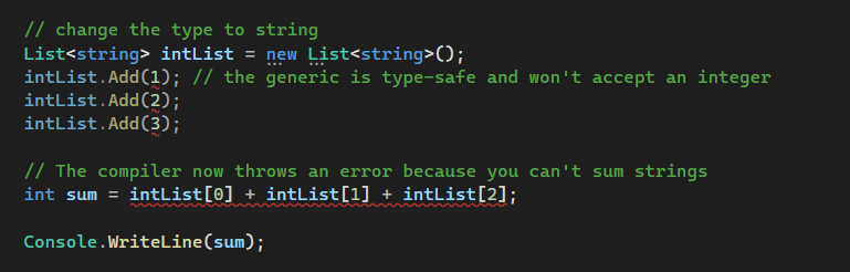 C# code demonstrating type-safety in generics. 