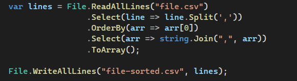 C# code to sort lines in a file using LINQ.