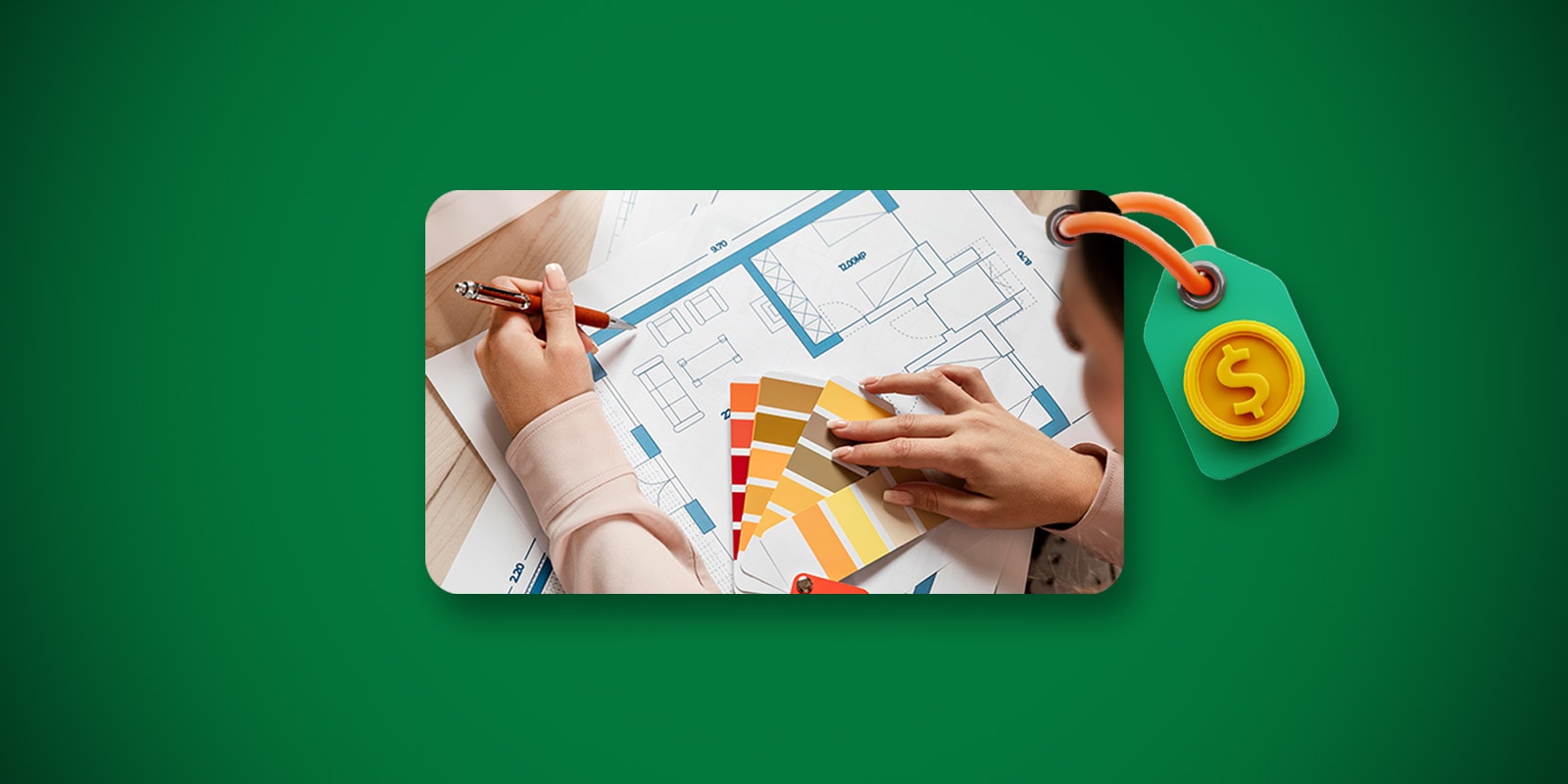 Female interior designer sketching and planning for a house with a dollar sign coupon attached Female interior designer sketching and planning for a house with a dollar sign coupon attached