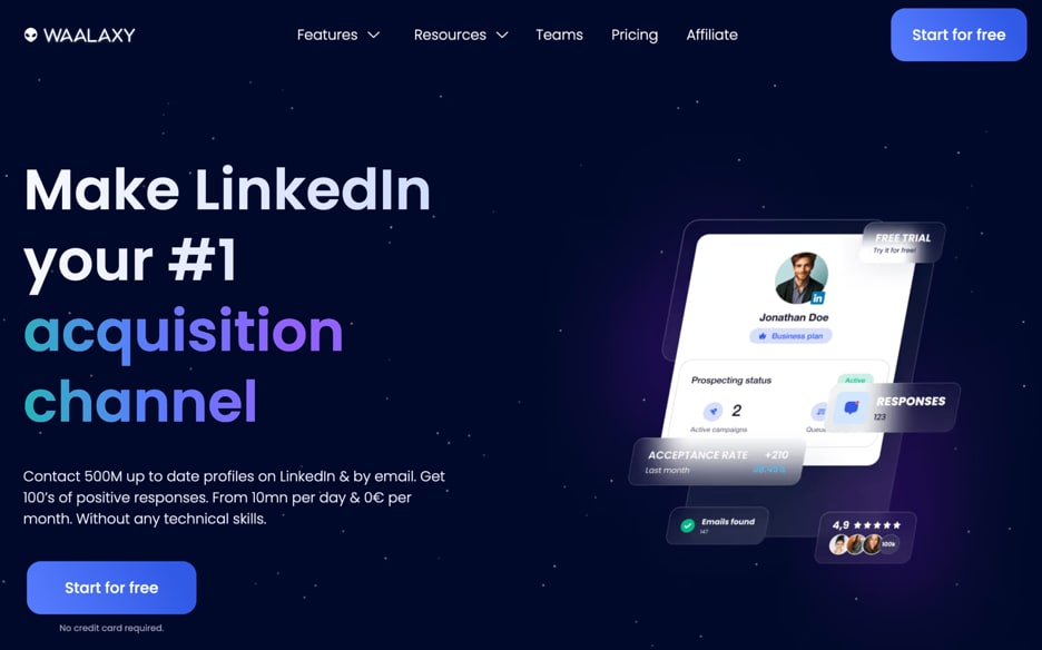 Homepage for Waalaxy