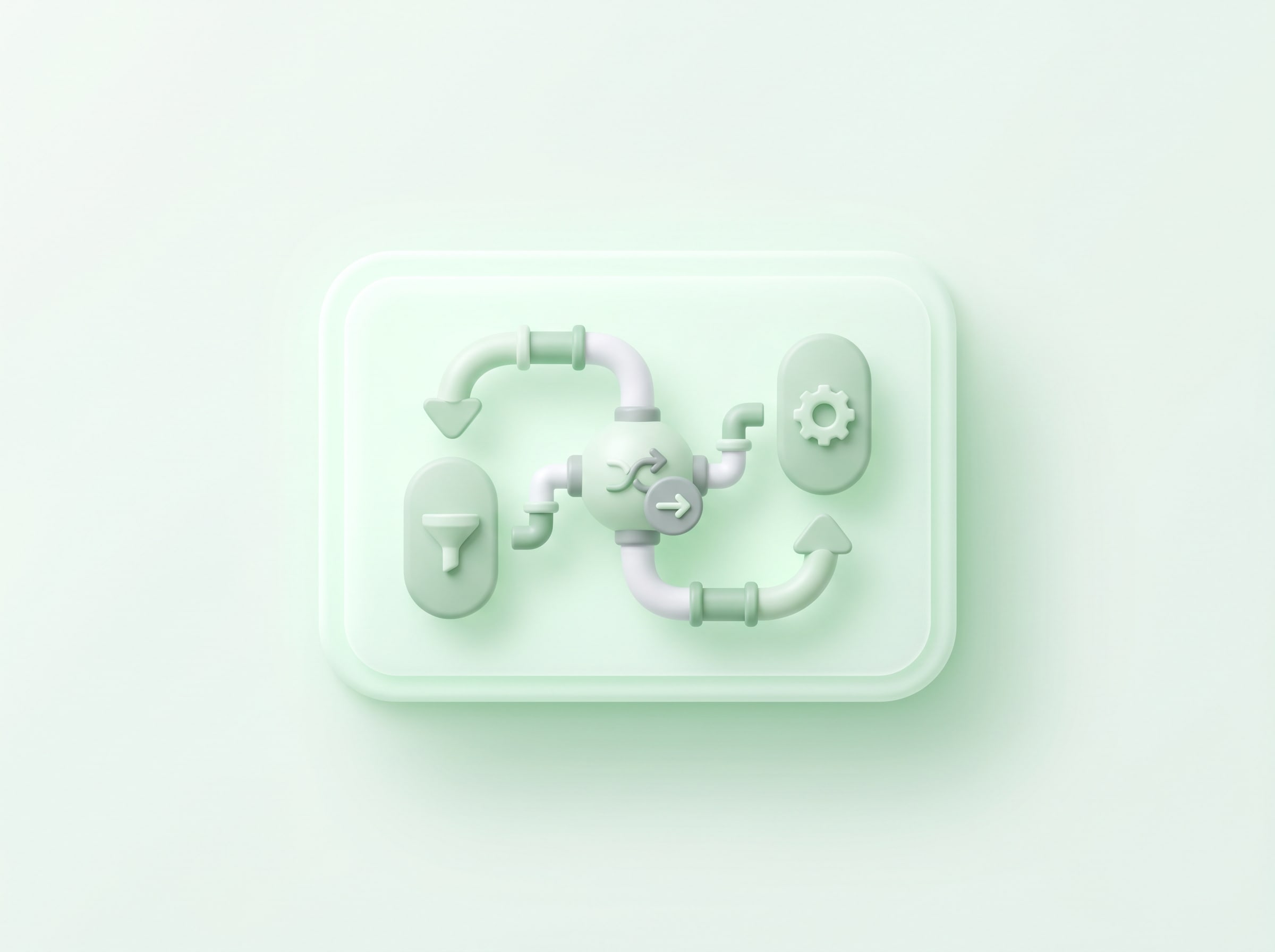 3D green card with a pipe junction, circular arrows, filter, and gear icons