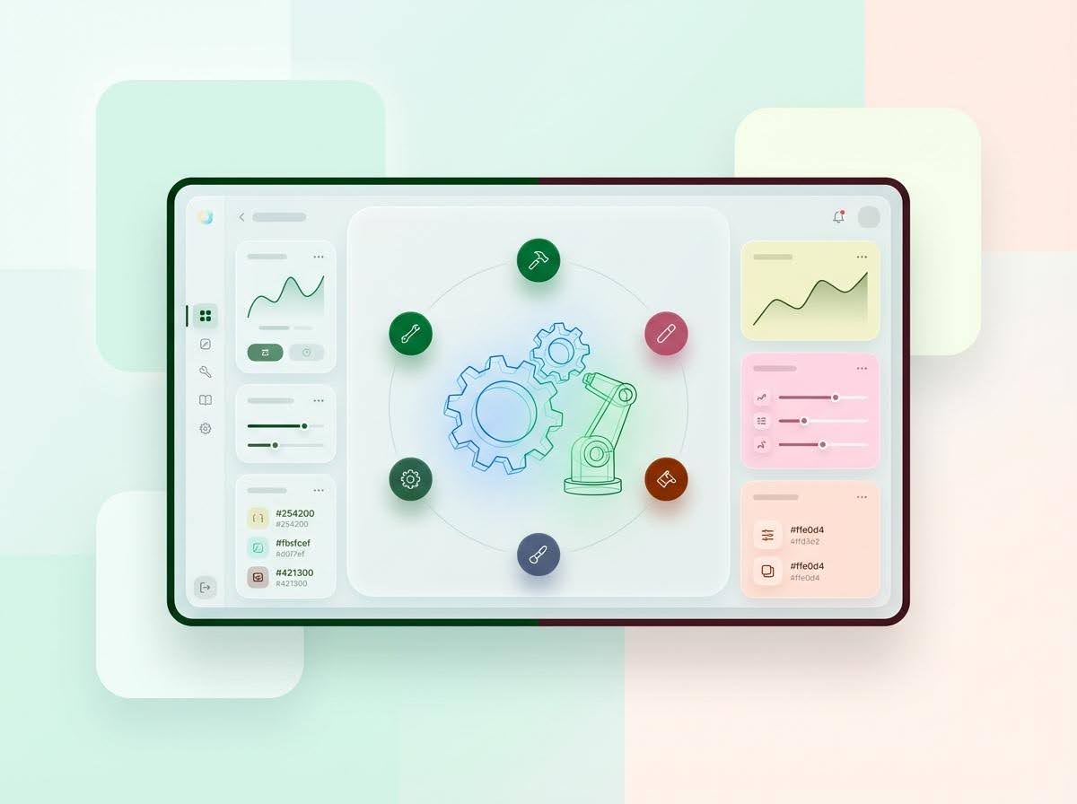 3D dashboard with charts, controls, and gear-based workflow icons