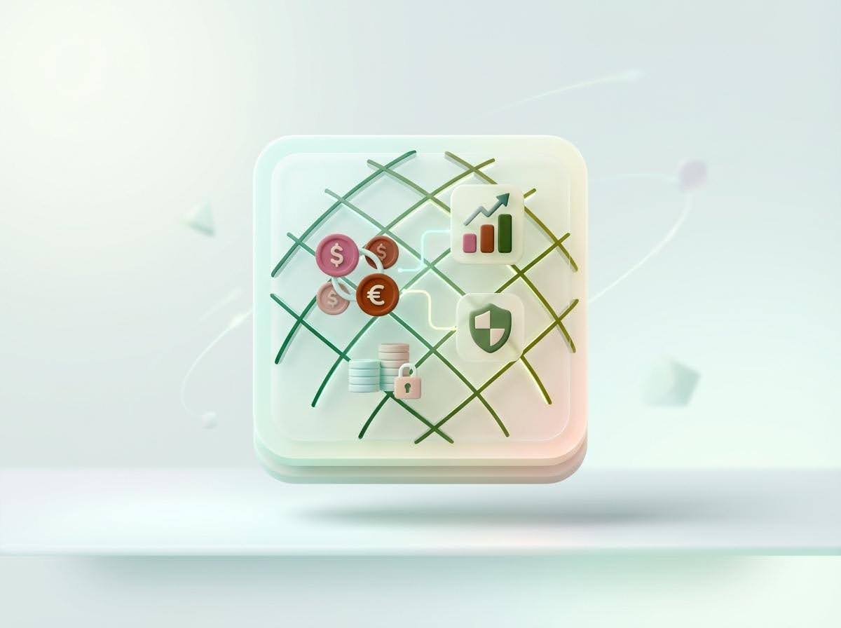 3D interface with currency symbols, growth chart, and shield icons