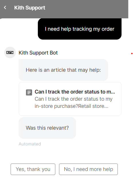 Kith’s ecommerce support bot