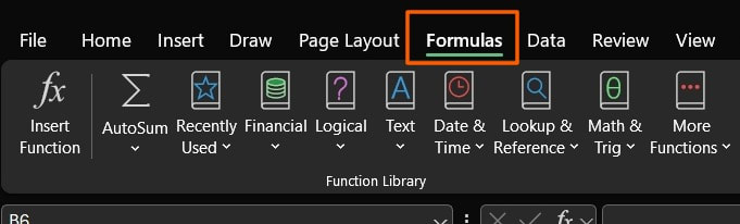 Microsoft Excel Formulas tab in the Ribbon