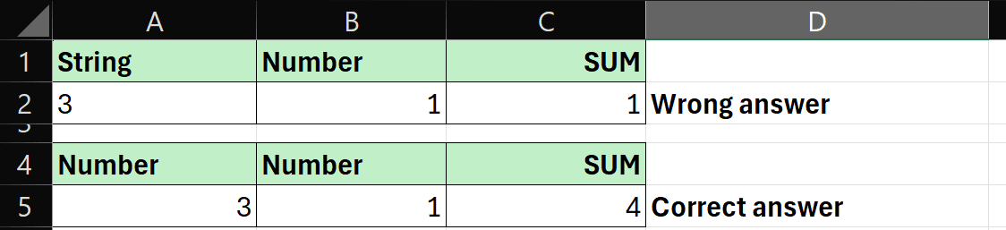 Excel spreadsheet showing data types