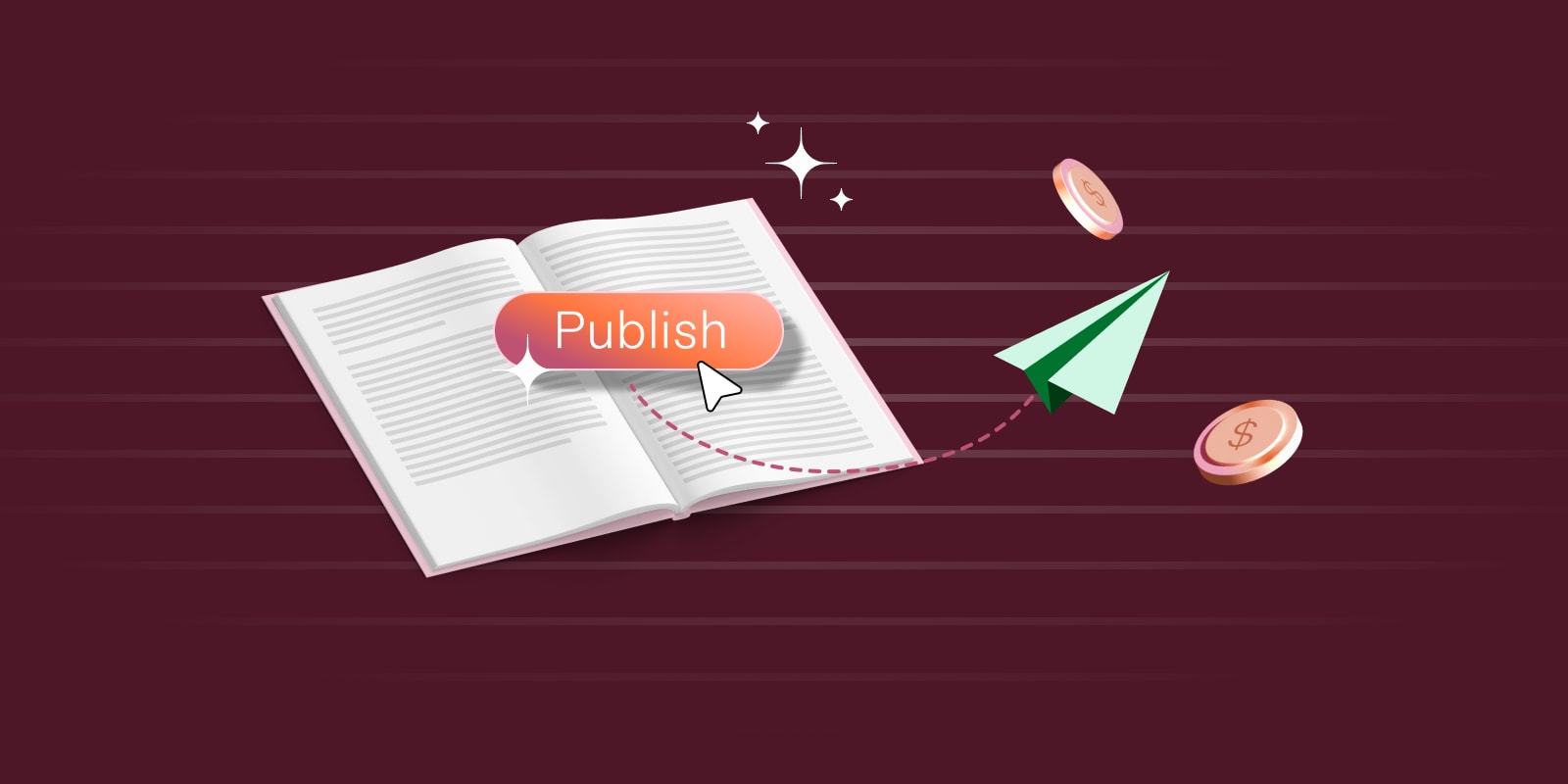 An open book with a 'Publish' button overlay, a paper airplane, and floating coins on a maroon background