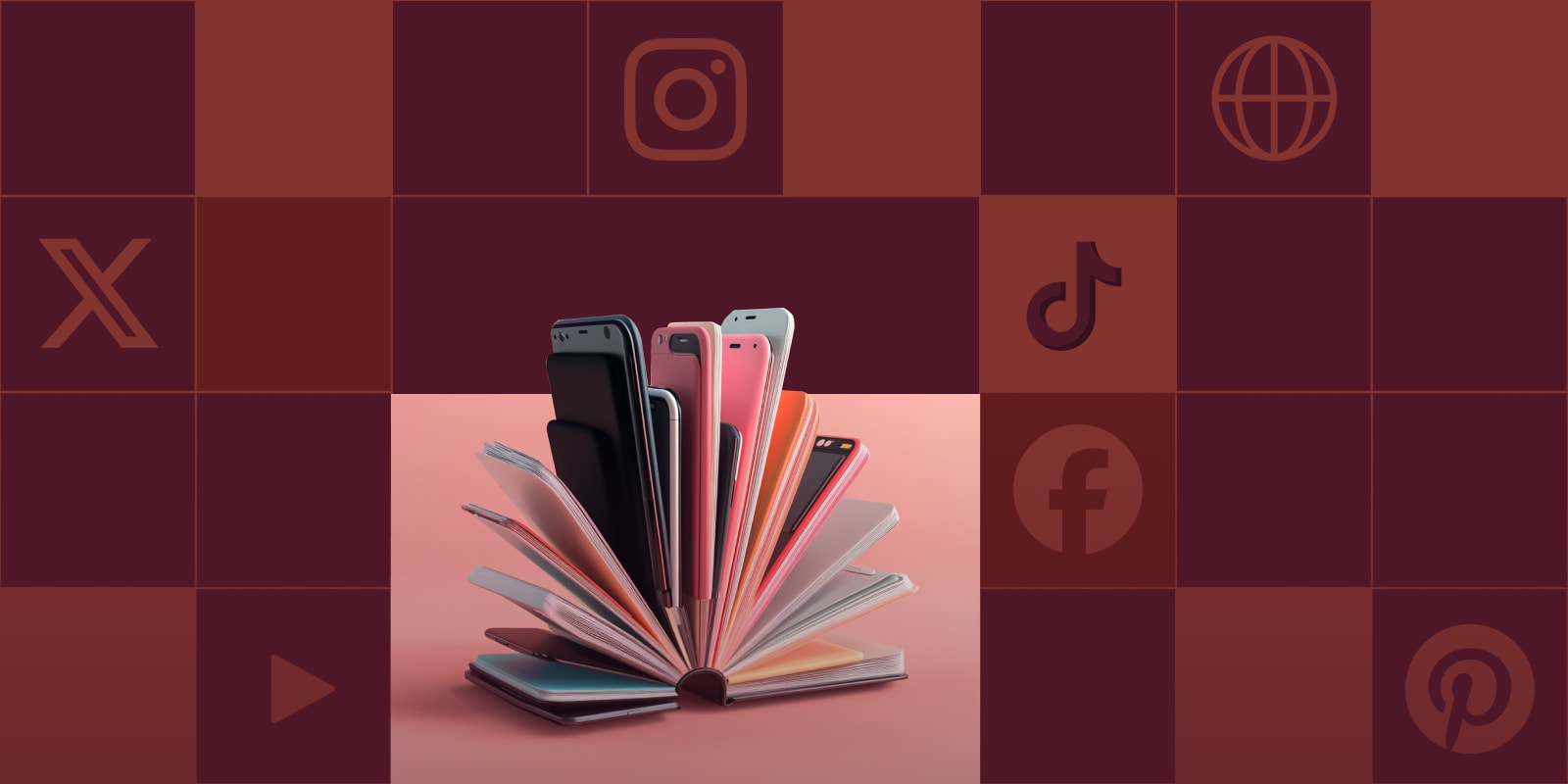 An illustration of a book with smartphones popping out as pages, set against a maroon background with social media icons