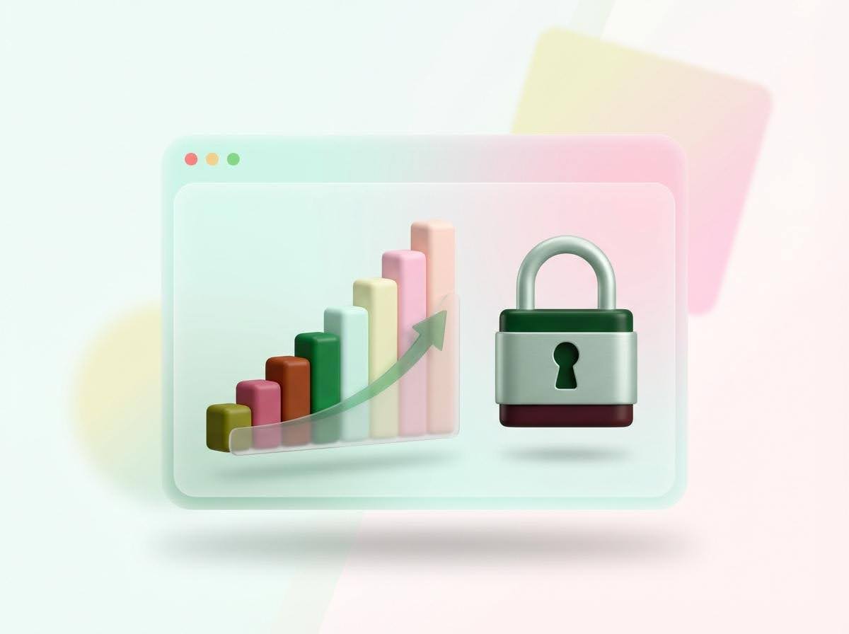 3D illustration of a rising bar chart with an upward arrow beside a padlock