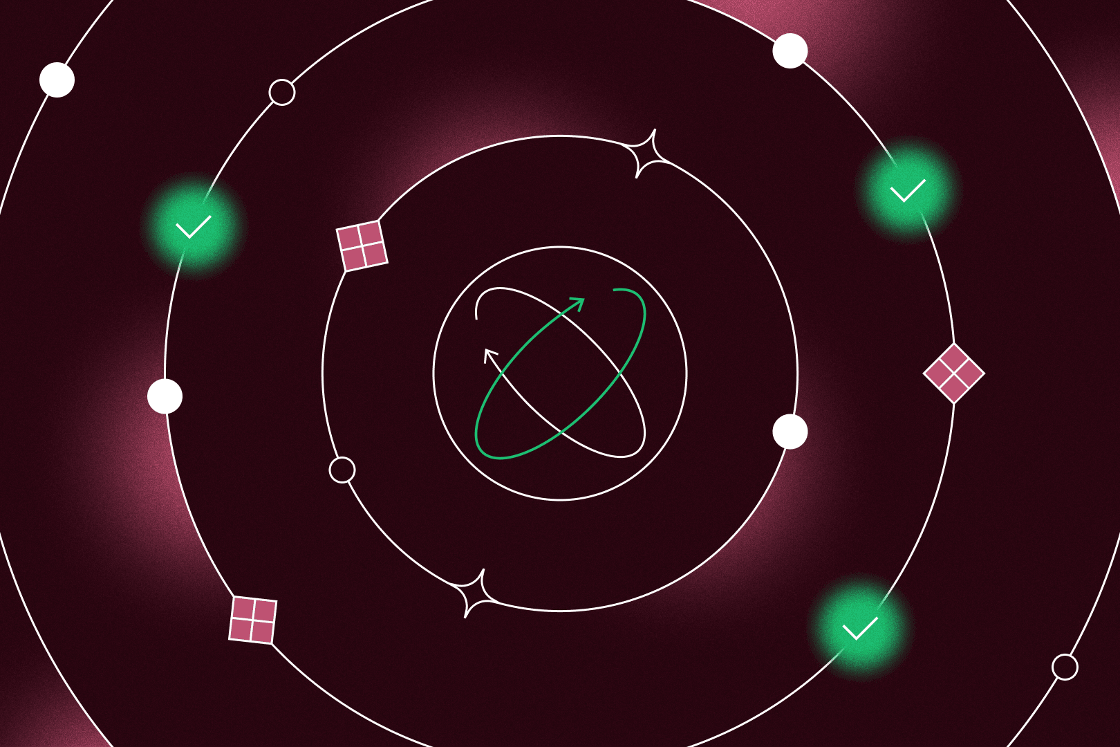 Abstract orbit-style graphic with white paths, green check marks, and geometric icons on a dark maroon background.