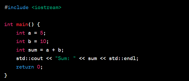 C++ code that adds two variables together and outputs the result to the console. 