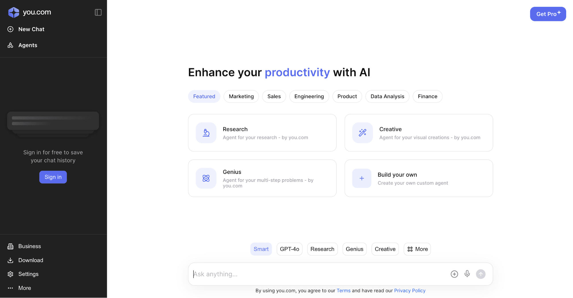 A screenshot of You.com’s homepage