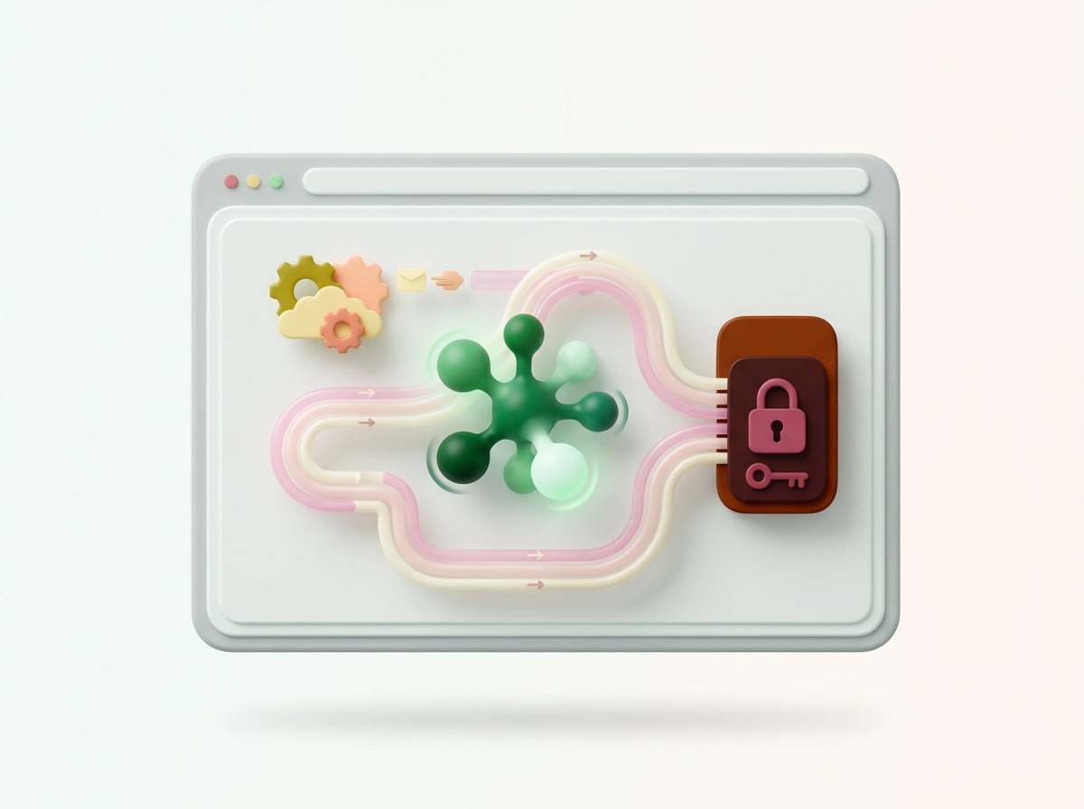 3D interface illustration showing data flow into a secure lock
