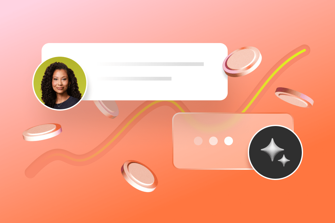 Make money with ChatGPT: bubbles, a woman profile picture, and coins on a peach background.