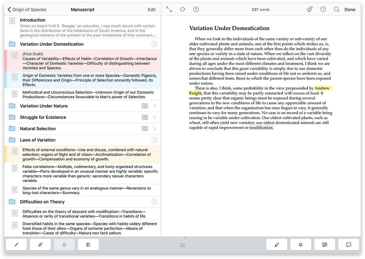 Scrivener dashboard with manuscript in editing