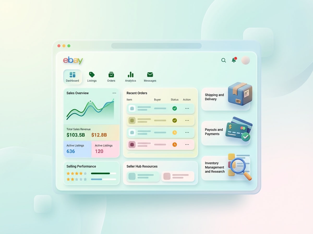 3D illustration of an eBay seller dashboard with sales analytics, orders, shipping, payments, and inventory tools