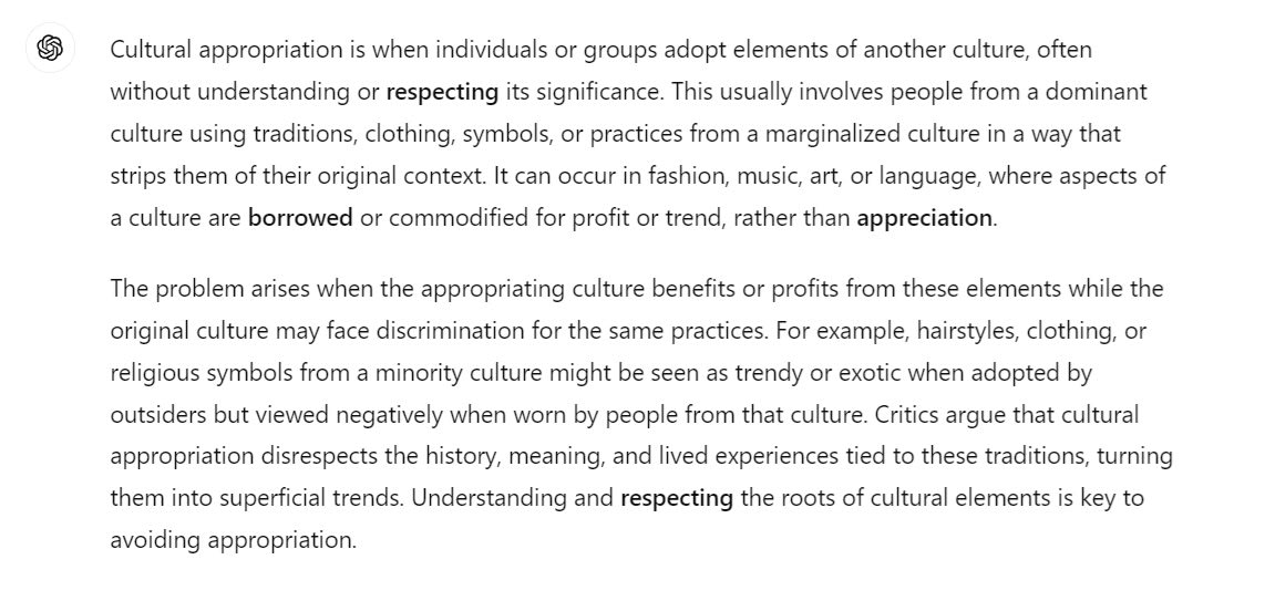 ChatGPT's answer on what is cultural appropriation