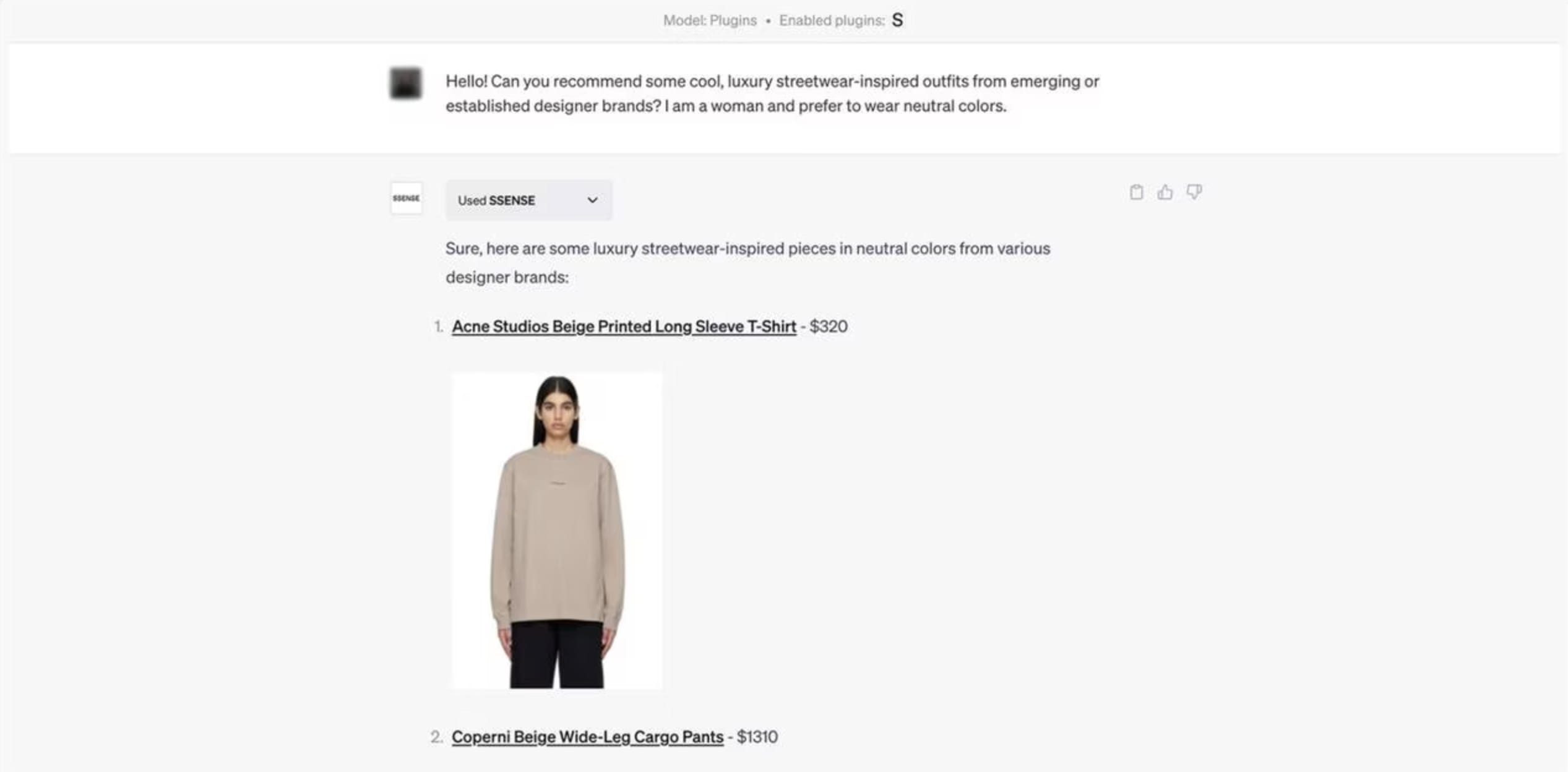 A screen capture shows Ssense's chatbot responding to a user question about “cool, luxury streetwear-inspired outfits” in neutral colours