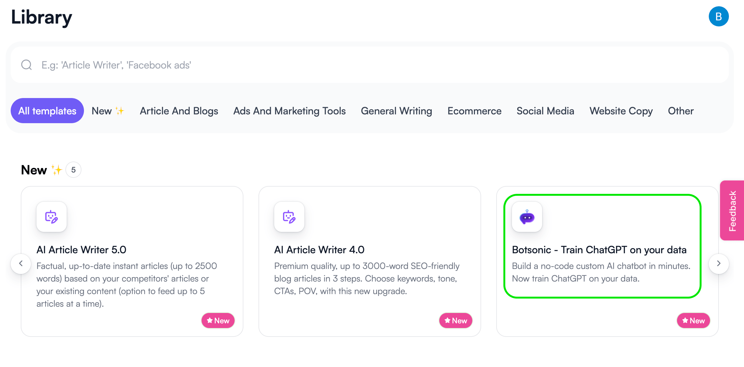 A screenshot showing Writesonic’s library dashboard and the Botsonic card.