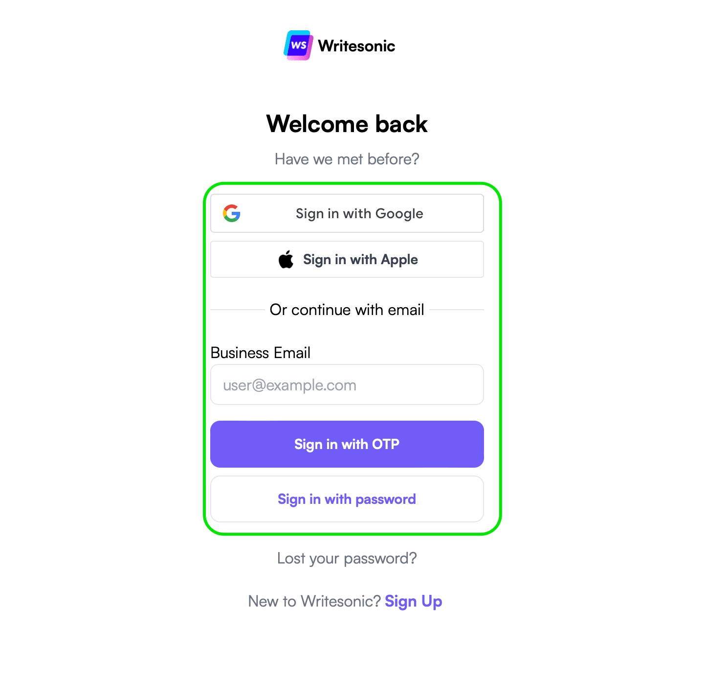 A screenshot showing Writesonic’s user signup interface.