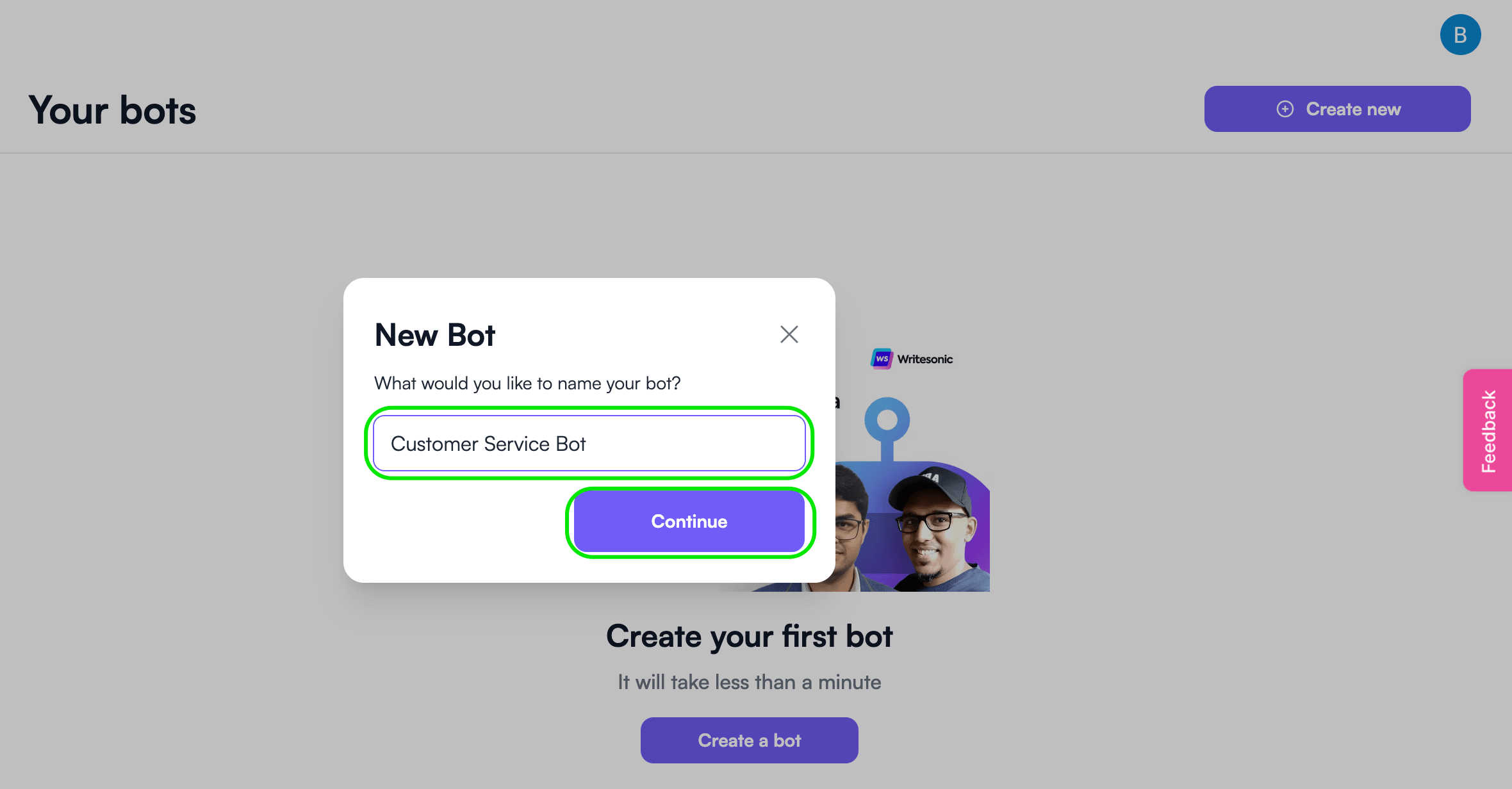 A screen capture of the Botsonic New Bot name field.