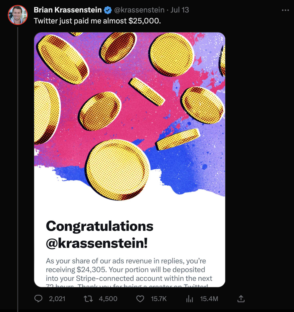 Twitter post, someone getting paid through ads revenue