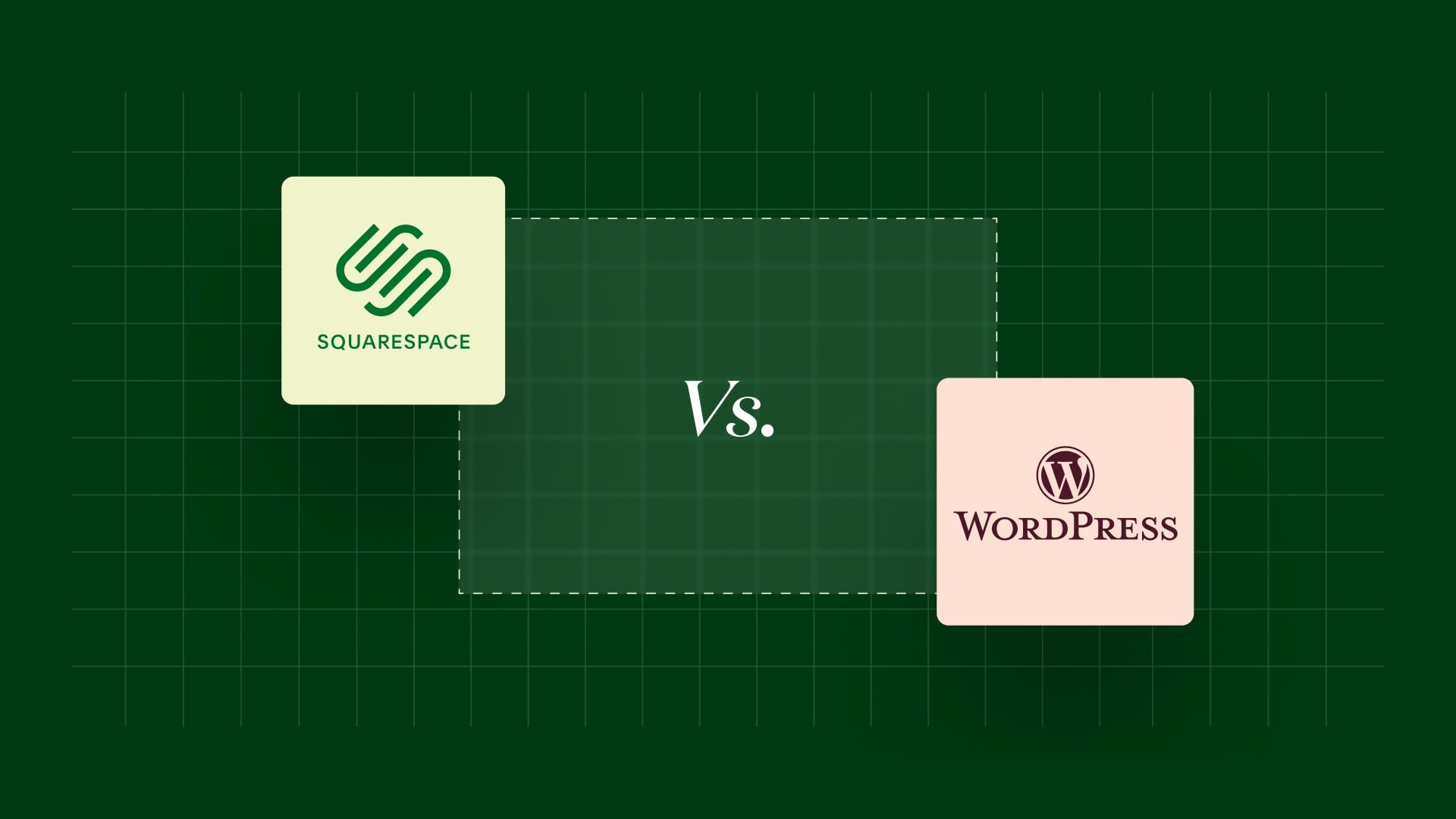 Comparison graphic of Squarespace vs. WordPress logos on a dark green grid background. Comparison graphic of Squarespace vs. WordPress logos on a dark green grid background.