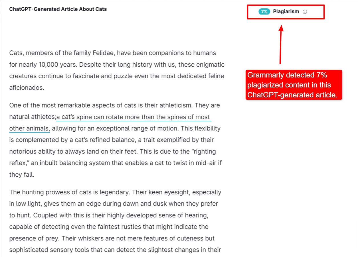 Grammarly plagiarism check detected 7% plagiarized content in this ChatGPT-generated article.