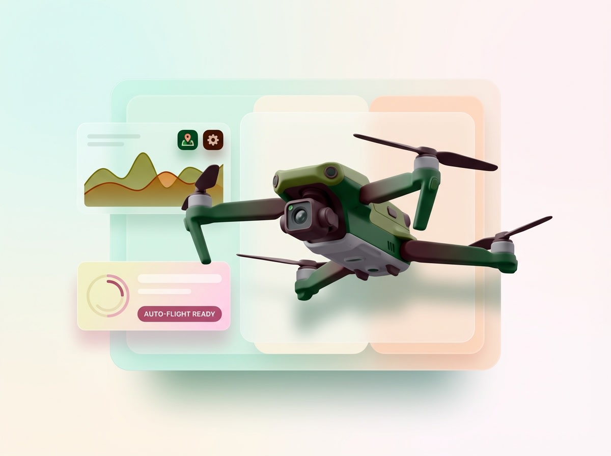 3D illustration of a drone with a camera in front of interface panels showing charts and status indicators