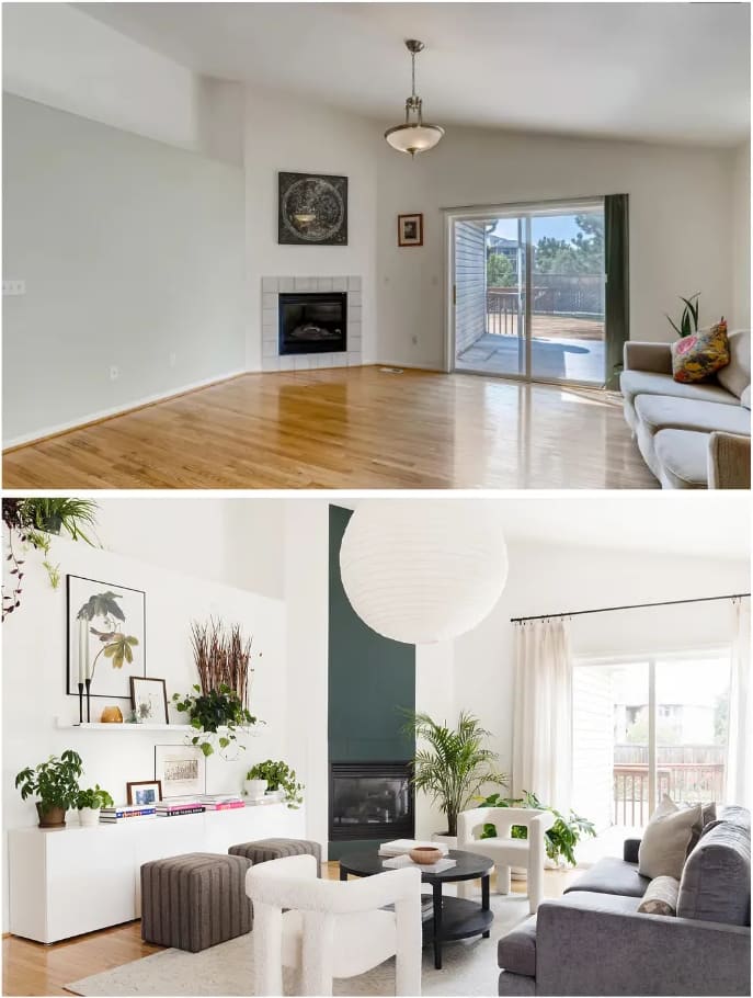 A before and after living room image from interior designer
