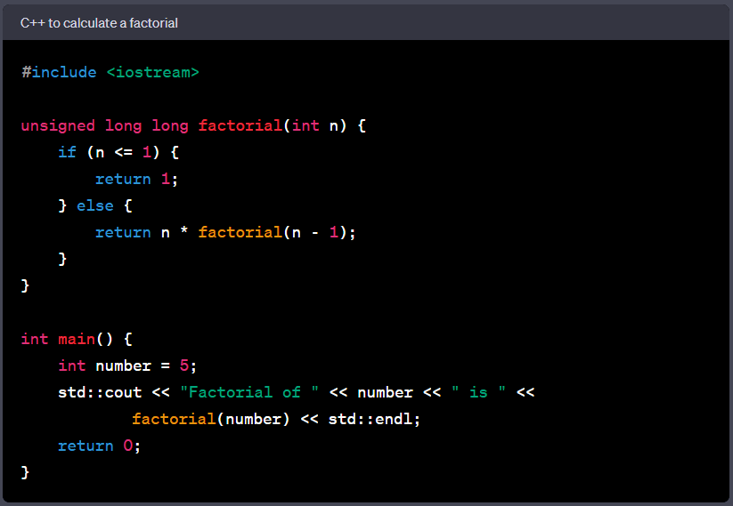 C++ code for calculating a factorial
