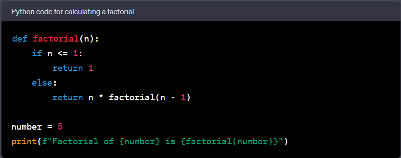 Python code for calculating a factorial