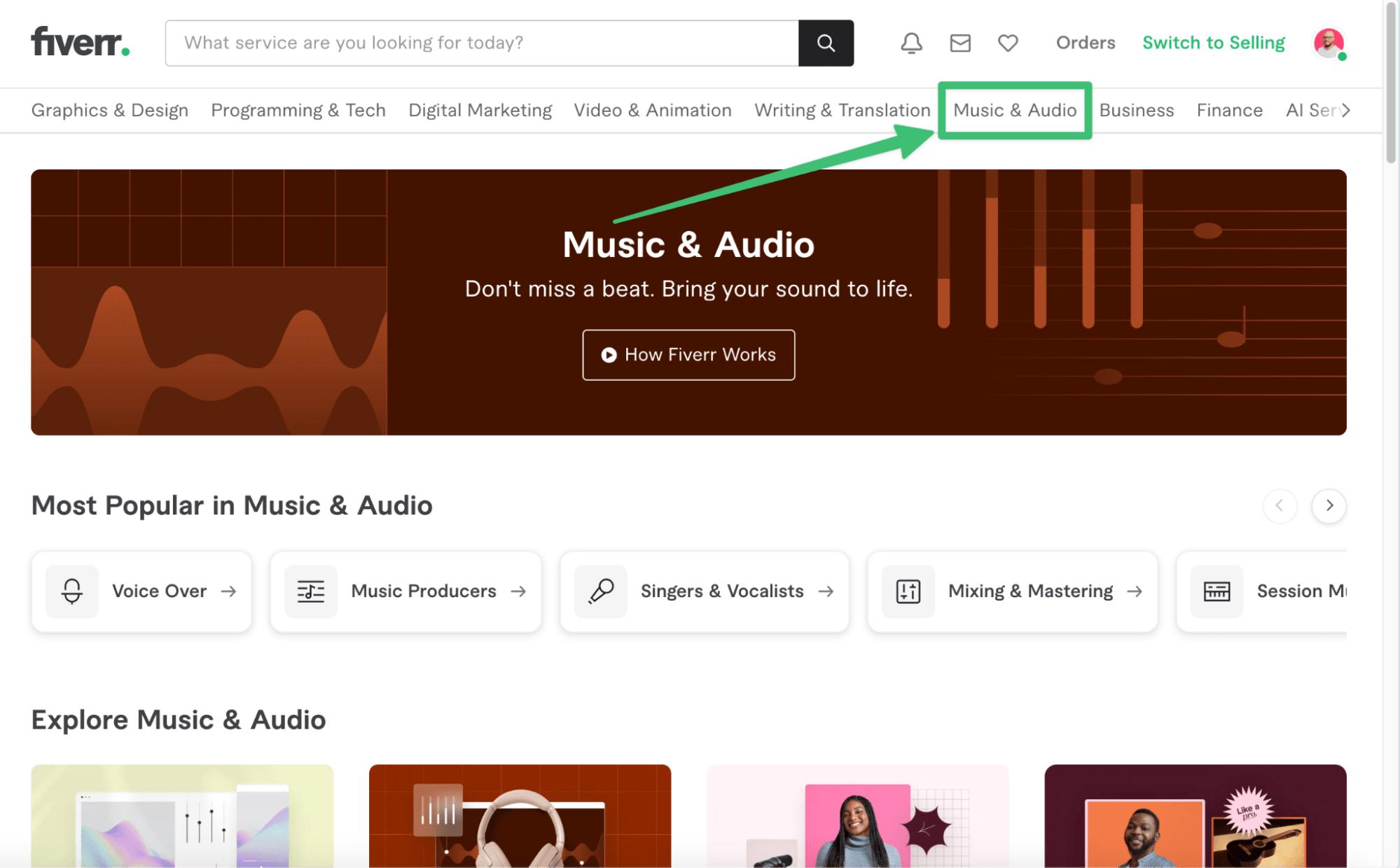 Music and audio page on Fiverr