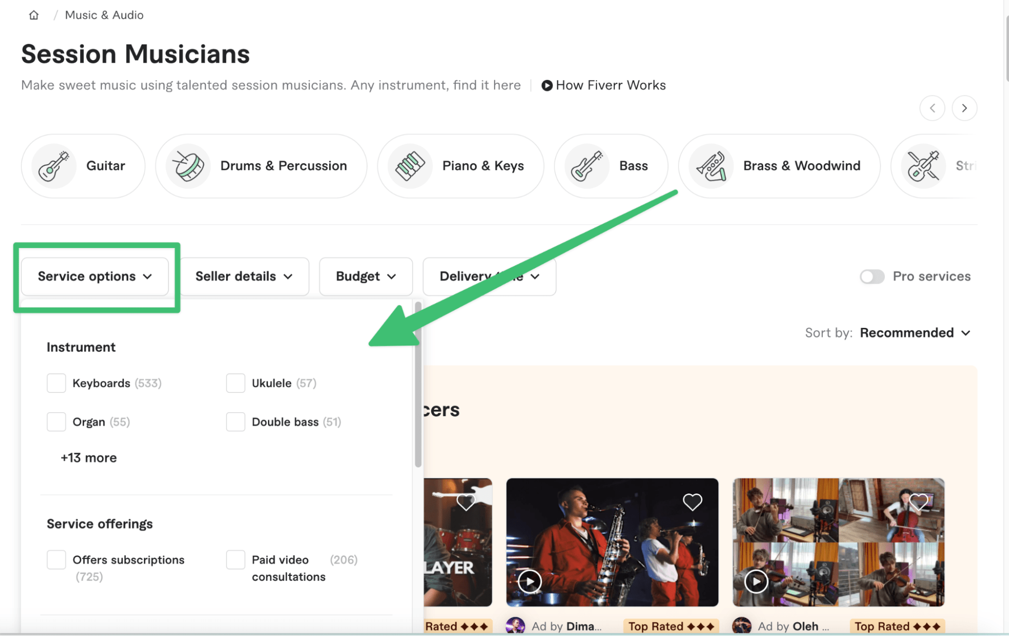 Session Musician filtering options on Fiverr