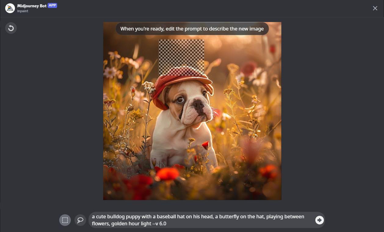 Screenshot of Midjourney in discord prompt cute bulldog puppy with a baseball hat