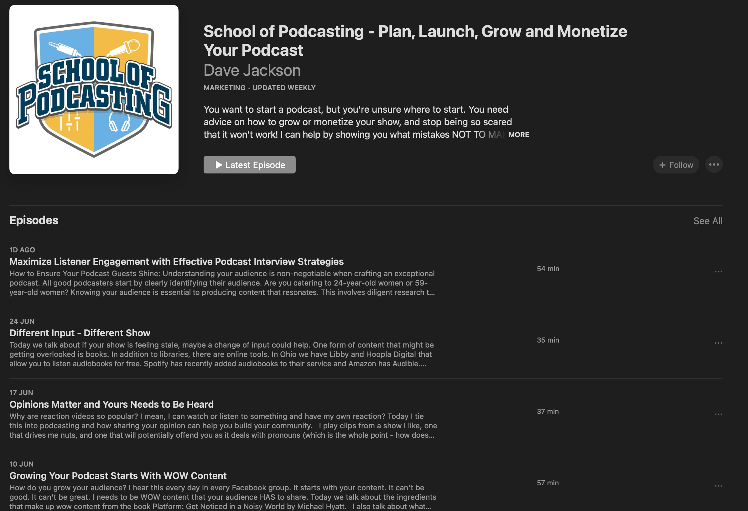 Screenshot of School of podcasting and their episodes