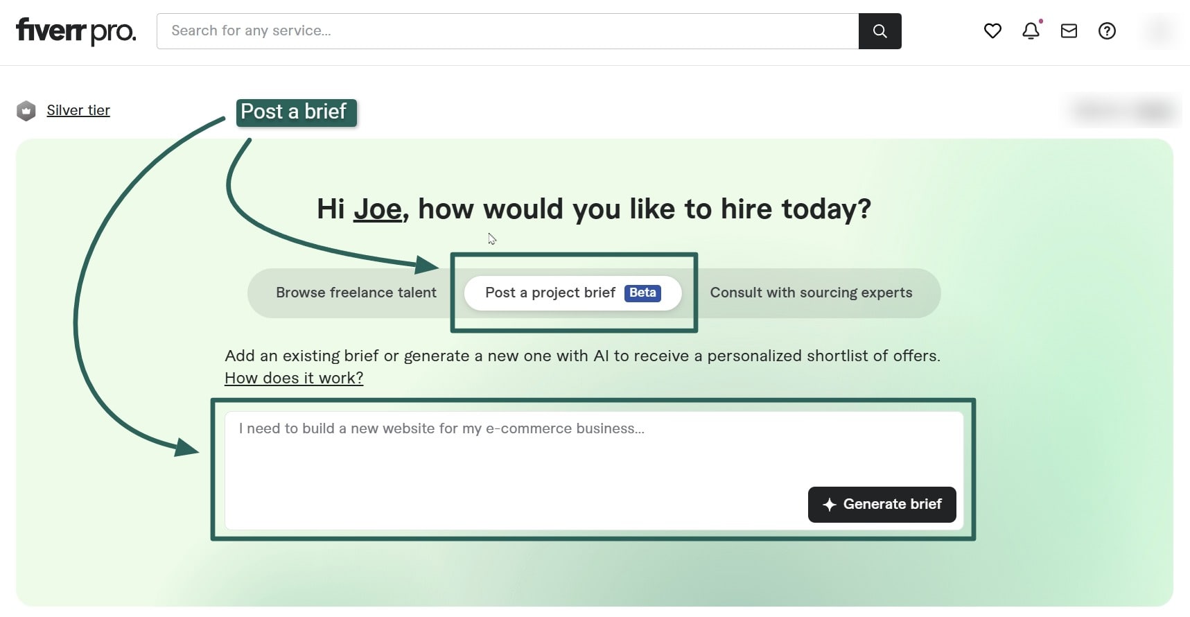 A webpage on Fiverr Pro showing how to post a brief on Fiverr