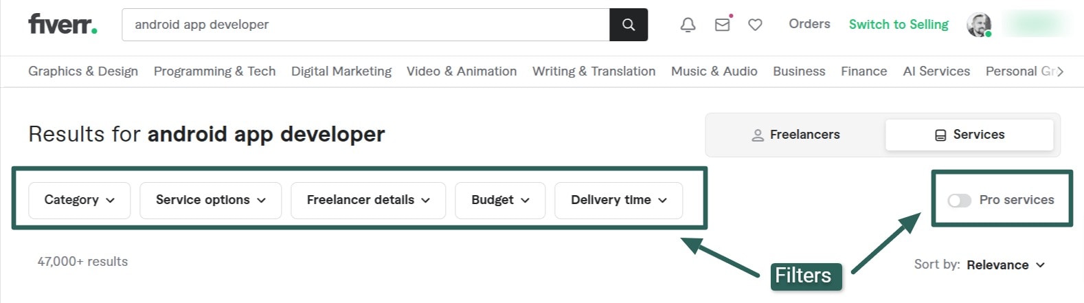 Fiverr filters on webpage for finding an Android app developer