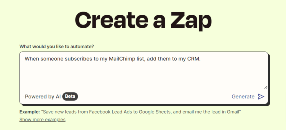 Creating a "Zap" (automation) on Zapier using AI.
