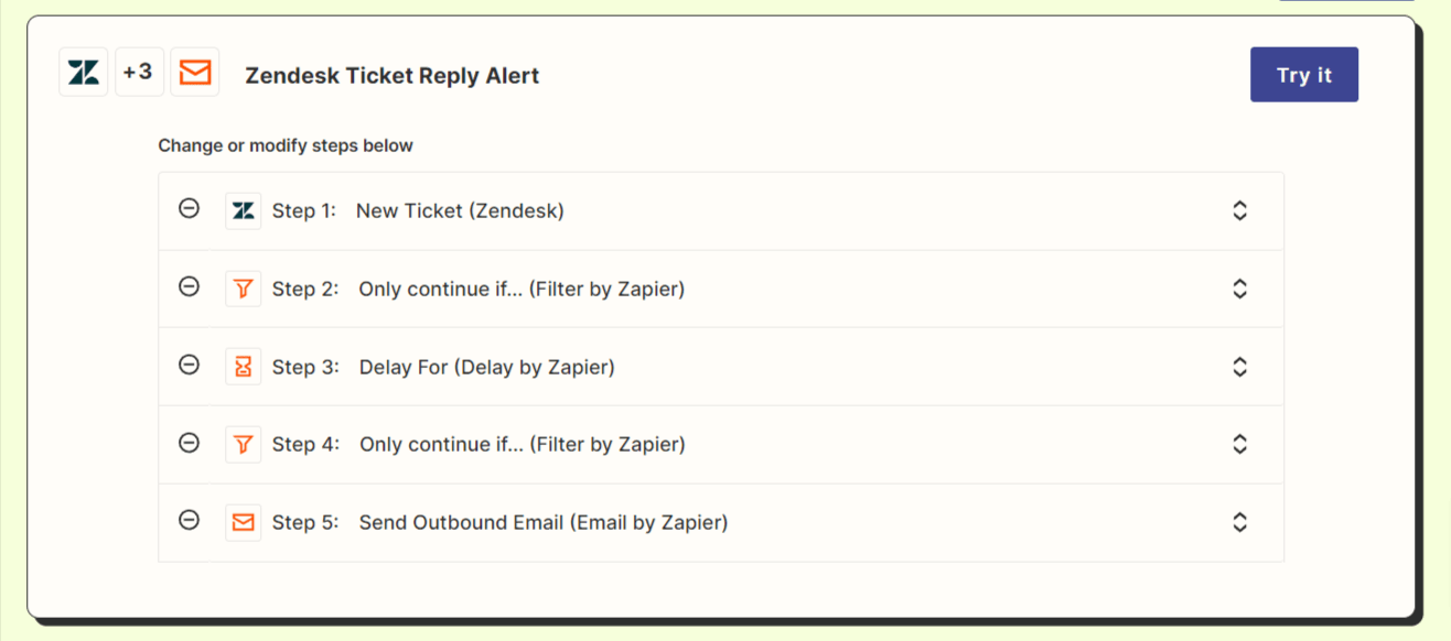 Example workflow that alerts a supervisor if someone doesn't reply to a Zendesk ticket within a certain period. 