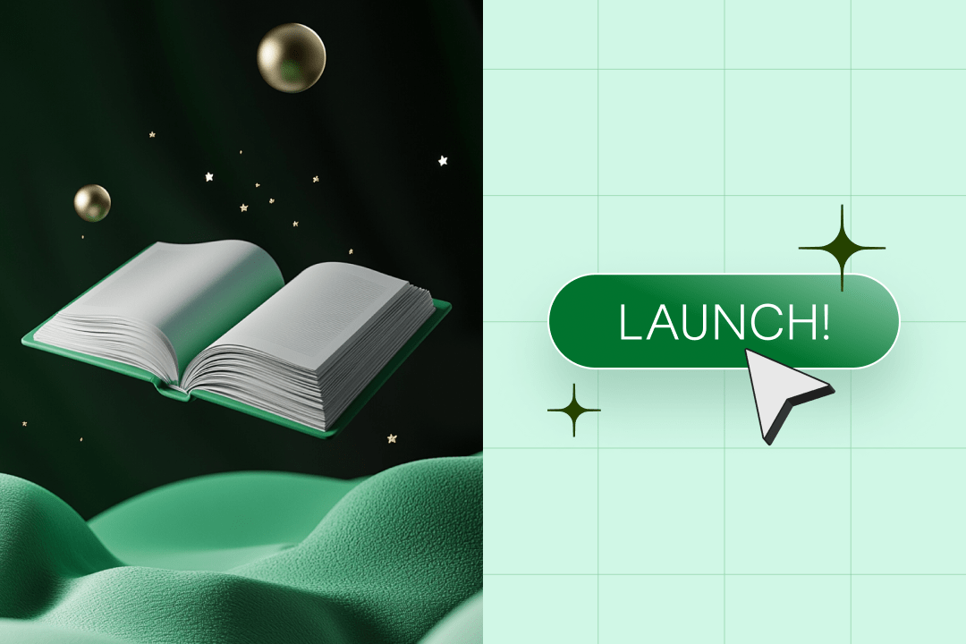 An open book floating among golden spheres and stars, next to a "Launch" button