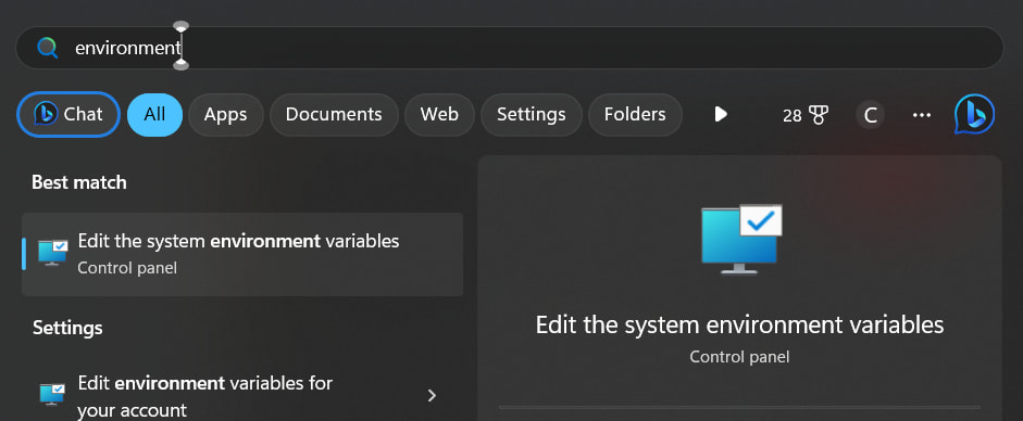 Search for “environment” in Windows search. 