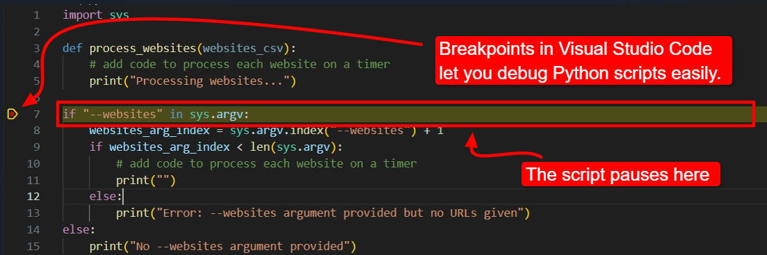 Breakpoints in Visual Studio Code let you debug Python scripts easily. 