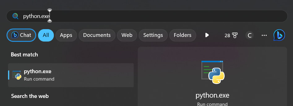 Search for python.exe in Windows.