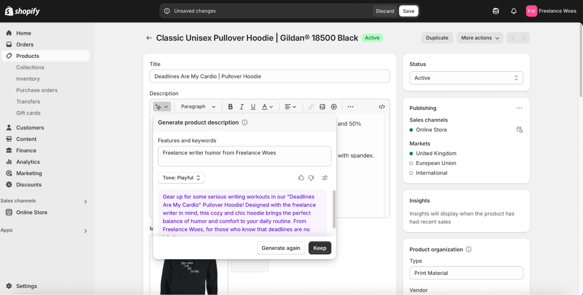 Shopify Magic generating a product description
