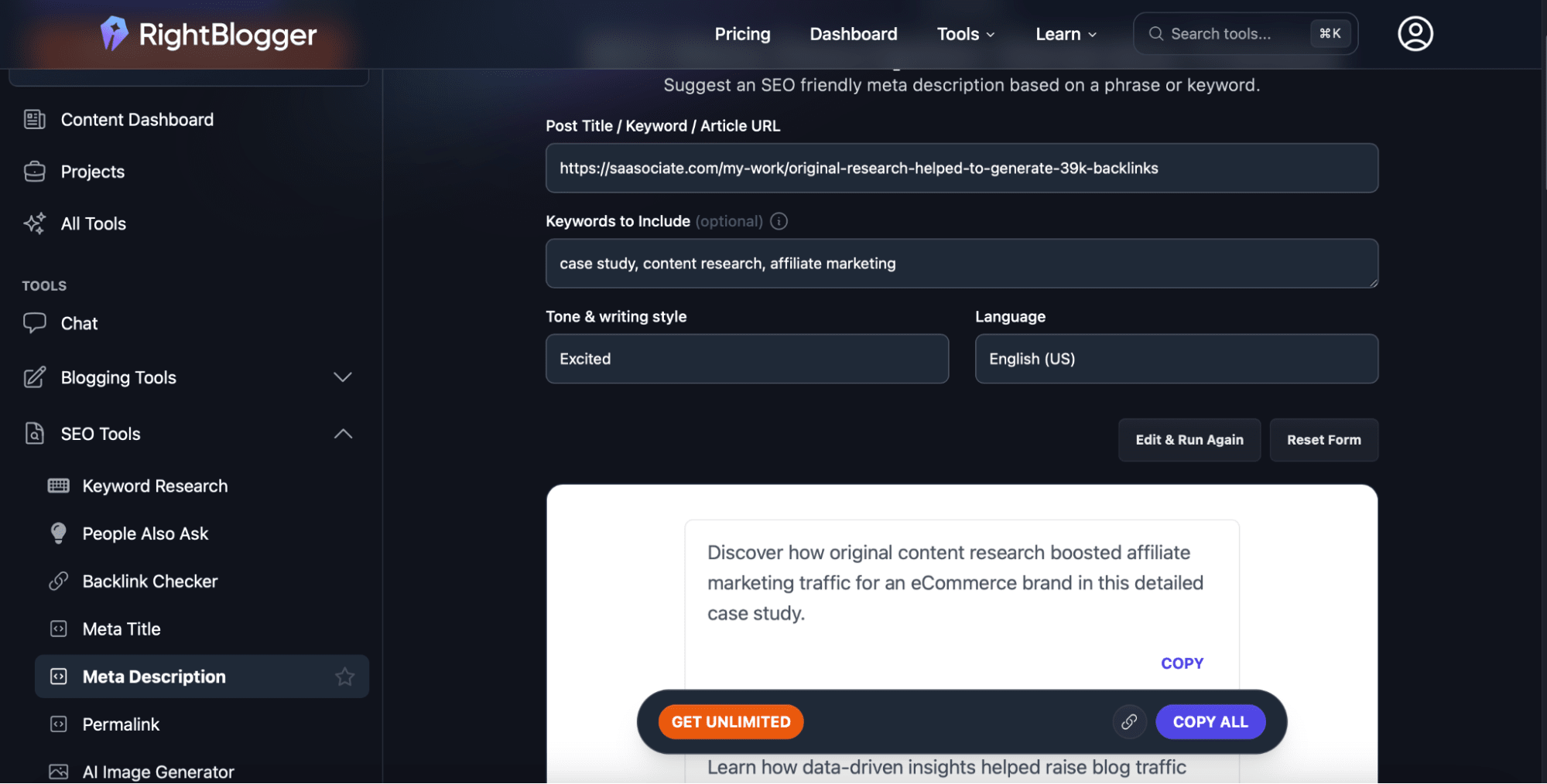 RightBlogger Meta Description generator