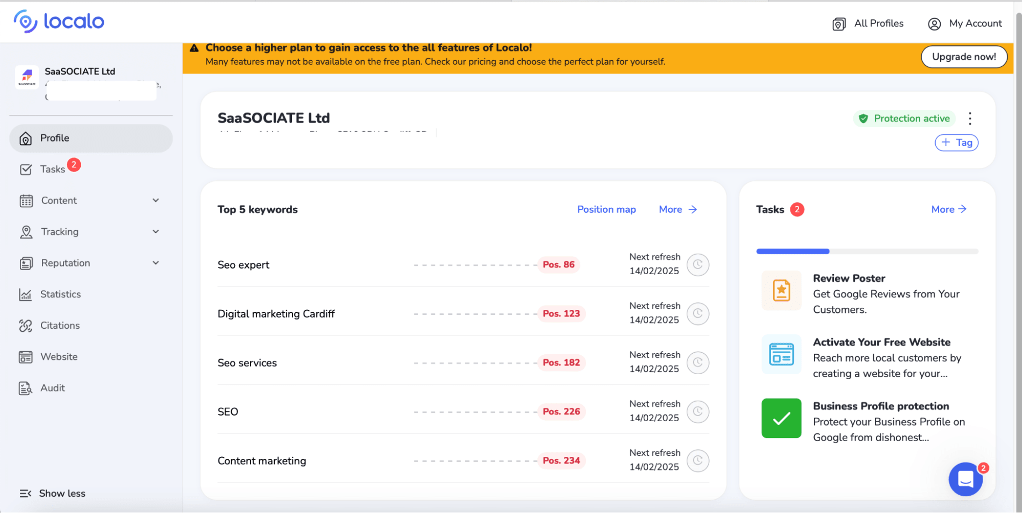 Localo dashboard with local Google My Business keyword rankings