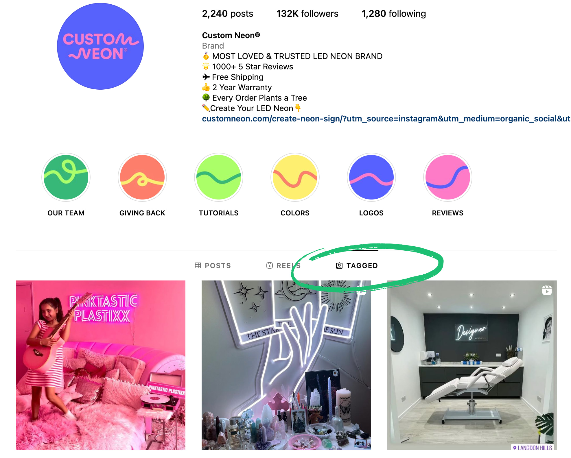 Screenshot of Custom Neon's Instagram, highlighting the tagged posts section