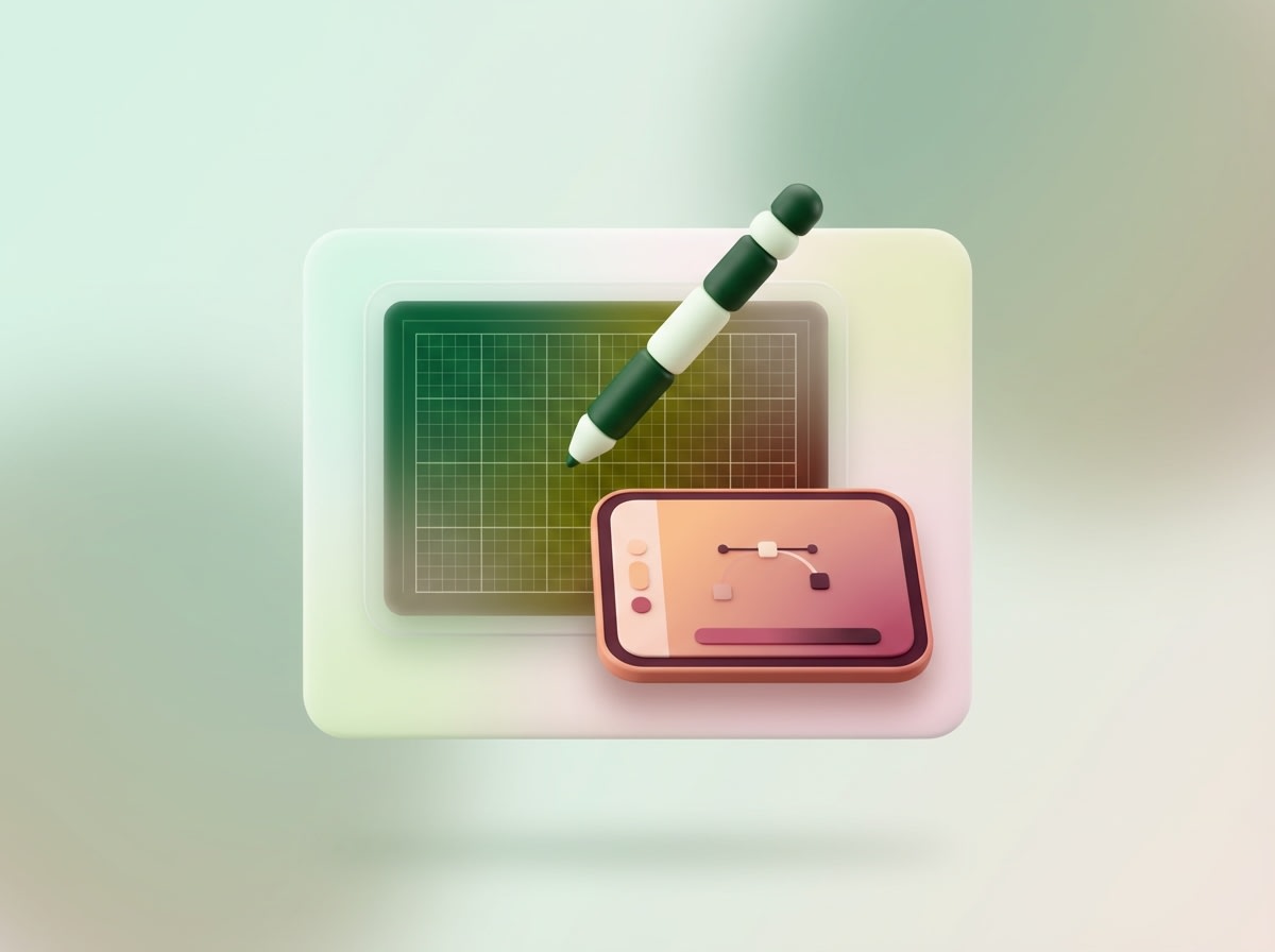 3D illustration of a stylus above a grid canvas and a mobile interface with adjustment controls