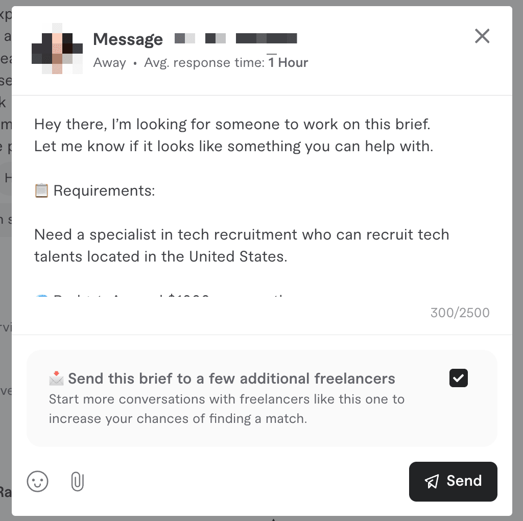 Screenshot of a brief for a tech recruitment project seeking a specialist to recruit tech talent in the United States